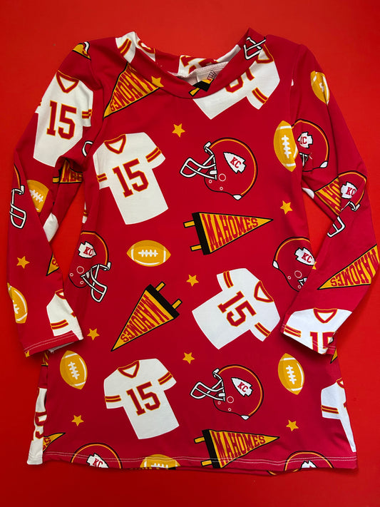 Long Sleeve Dress: Mahomes 15 Pennant